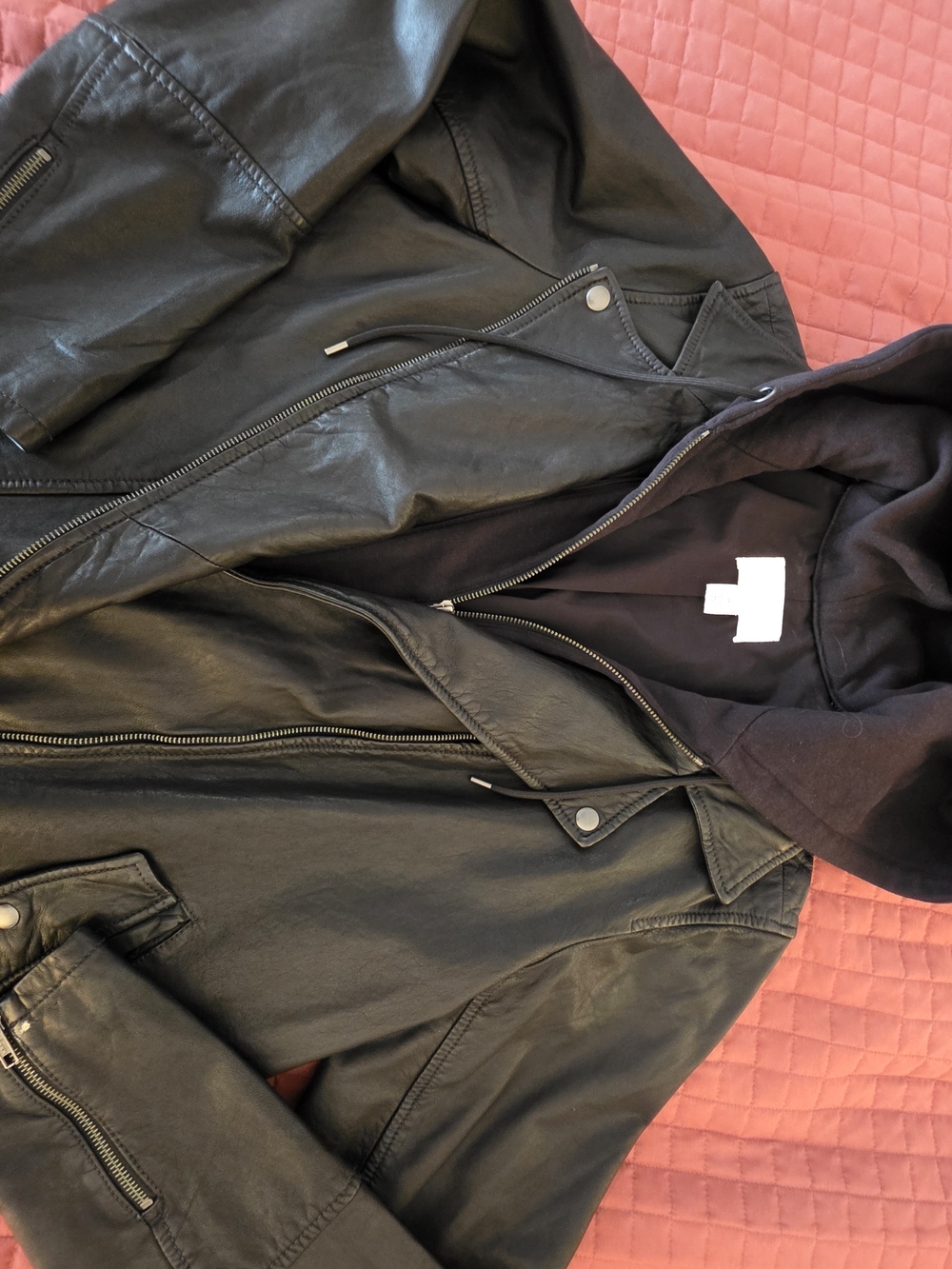 Caslon Black Leather Jacket with Hooded Insert - Moto Style - Picture 3 of 4